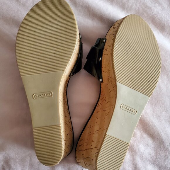 Coach Slip On Black Patent Leather Cork Wedge Sandals Size 7.5 - Picture 7 of 7